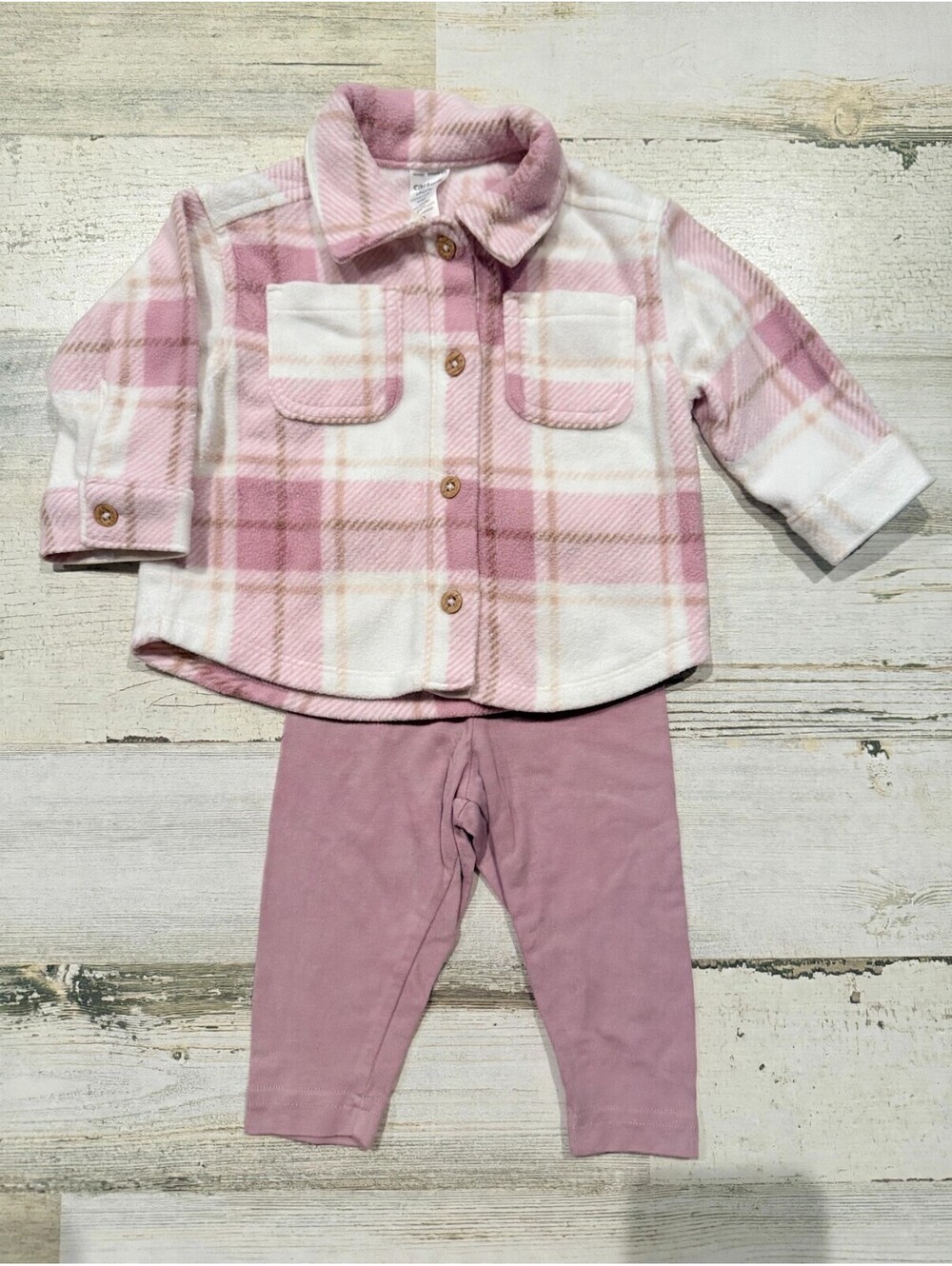 Carter's Baby Girl 2 Piece Set 6M Pink Plaid Fleece Shacket Leggings